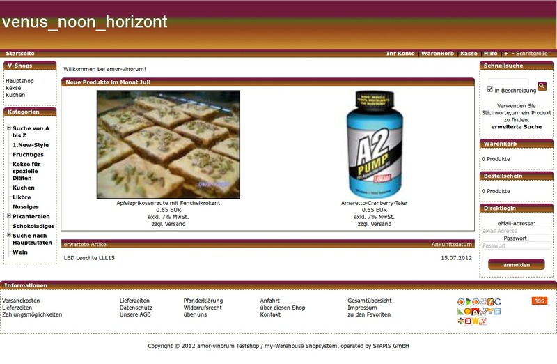 Screenshot des Demoshops mit dem Standardtemplate venus_noon_horizont